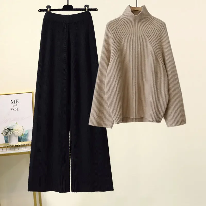 Conjuntos de prendas de punto cálidas de invierno para mujer, jersey de manga larga con cuello alto, suéter + pantalones de punto de pierna ancha de cintura alta