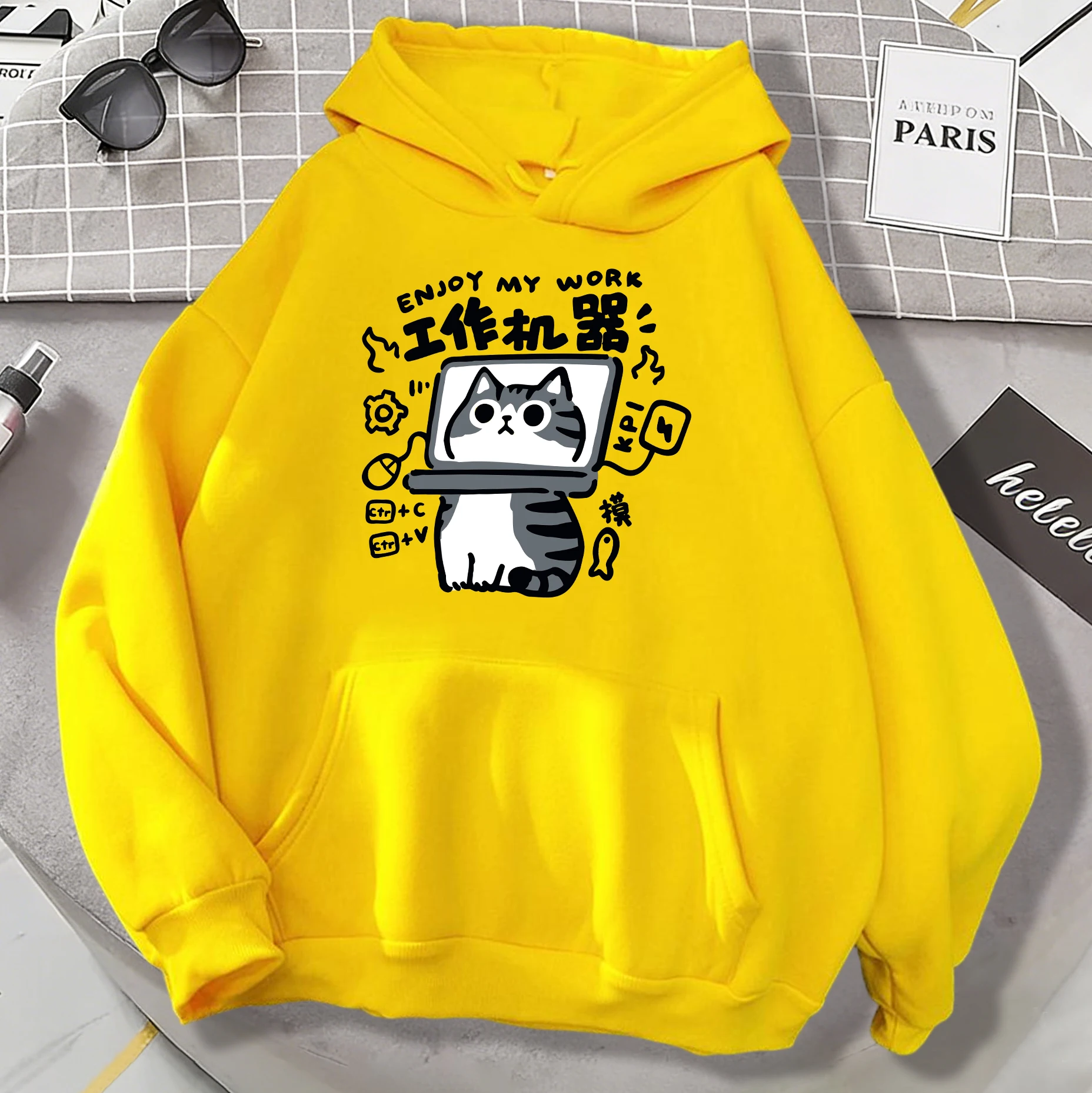 

Мужские толстовки с принтом «Наслаждайся котом», мягкая повседневная толстовка, осенние свободные винтажные пуловеры, унисекс, флисовая базовая одежда