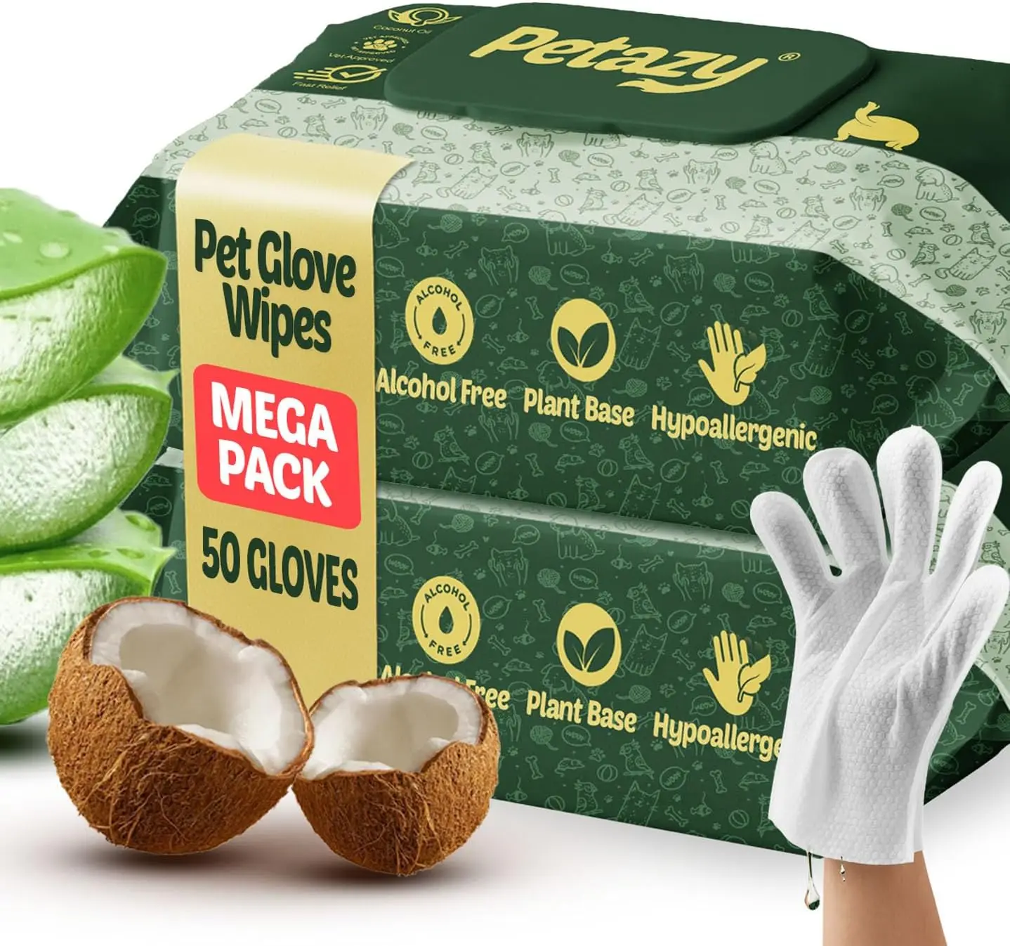Hypoallergenic Pet Grooming Gloves with Aloe and Coconut Oil for Paws Face Ears and Rear No Rinse Deodorizing Wipes 50 Count