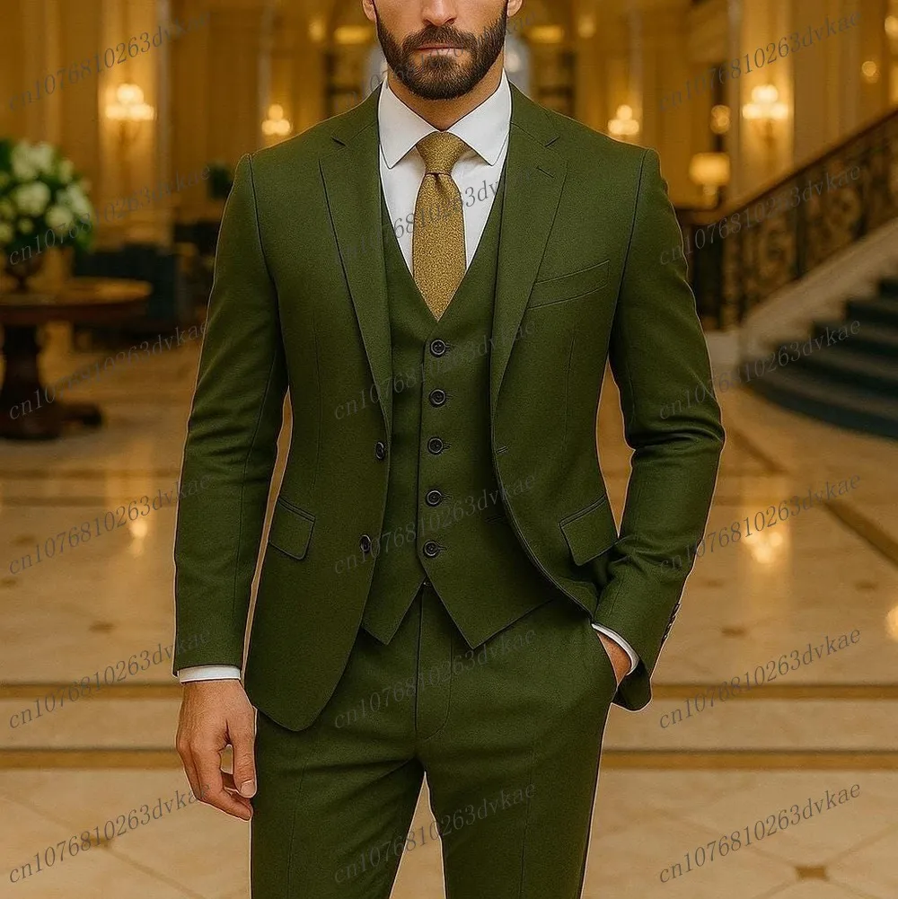

Армейский зеленый мужской костюм для свадебной вечеринки, формальный жених, жених, выпускного вечера, деловые мужские смокинги, комплект из 3 предметов, куртка, жилет, брюки