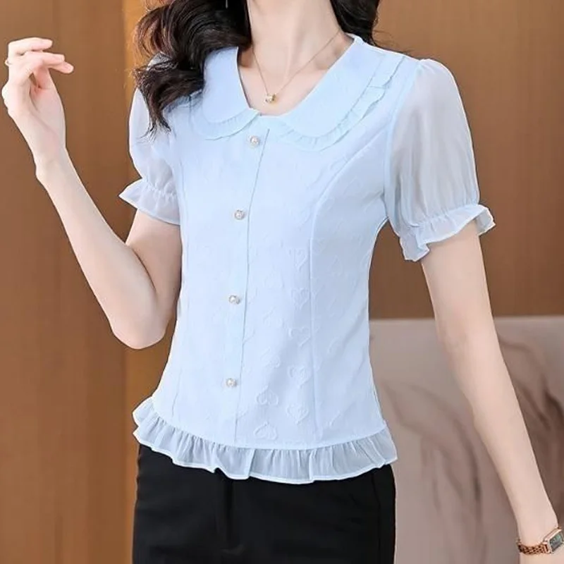 Temperament Pleated Blouse Summer New Short Sleeve Button Patchwork Solid All-match Shirt Tops Elegant Fashion Women Clothing