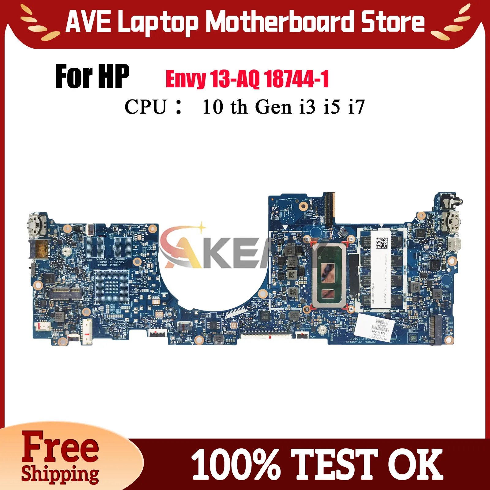 

18744-1 для ноутбука HP Envy 13-AQ, материнская плата с процессором i5 i7 8-го 10-го поколения, 8 ГБ ОЗУ L72578-601 L63124-601, 100% полностью протестировано