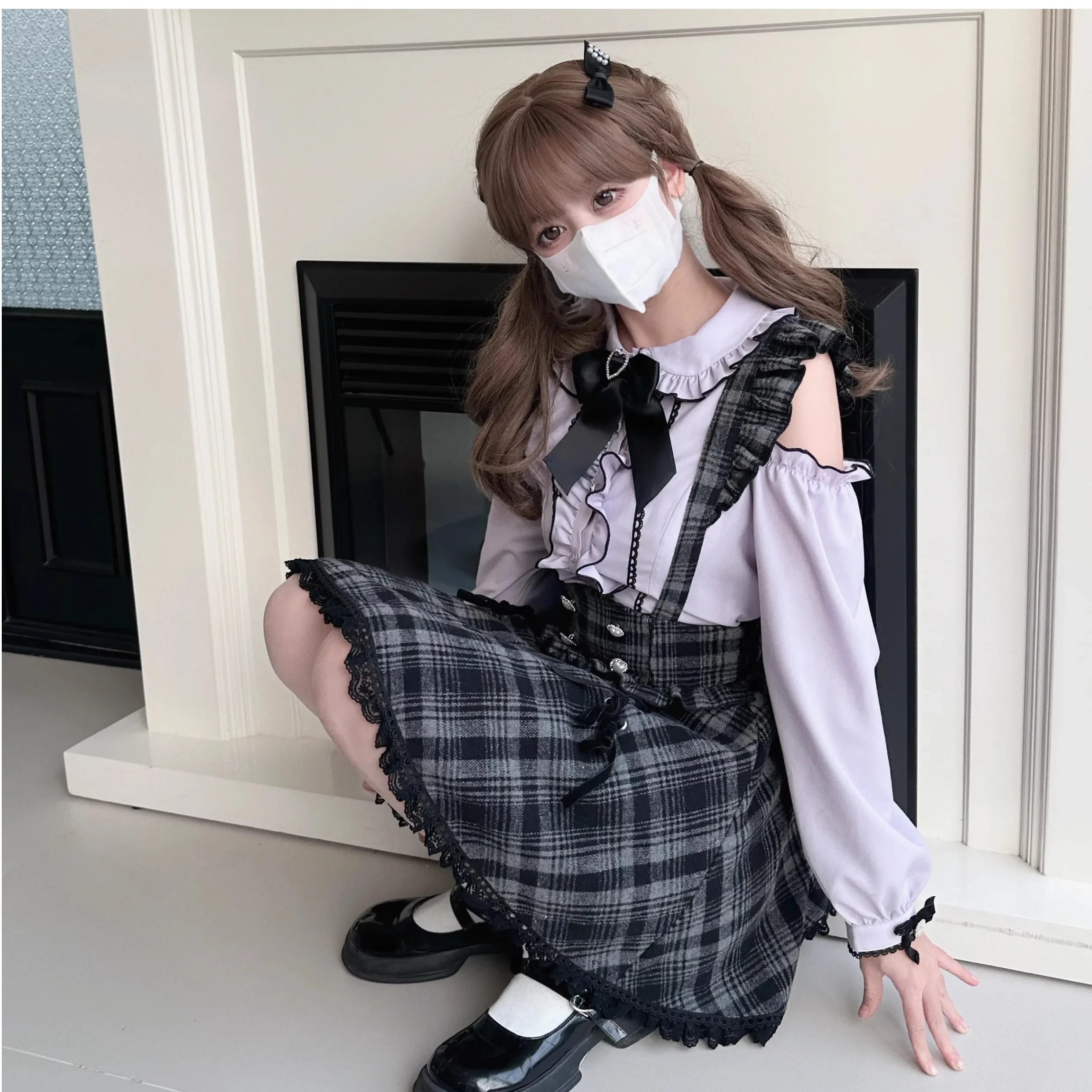 Japanese Mass-Produced Mine Purple Off-the-Shoulder Shirt Sweet Blouse Woolen Plaid Straps Skirt Girls Suspender Skirt Set