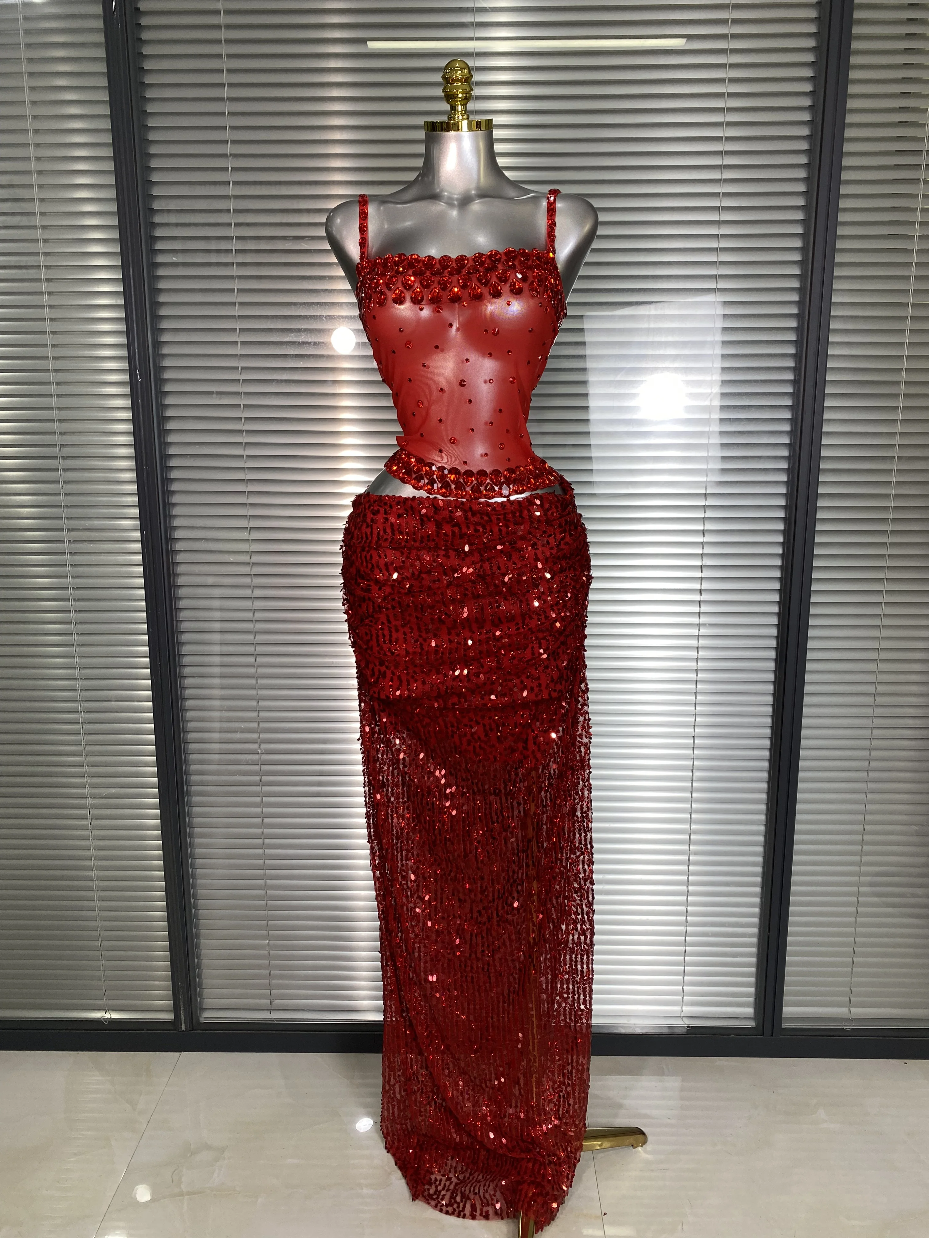 New Sexy Red Two Pieces Set Women Celebrity Crystal Night Club Sequins Skirt Suits Singer Dancer Stretched Stage Costume
