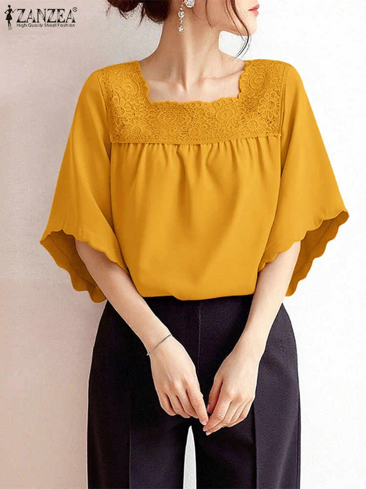 

ZANZEA Women Fashion Lace Blouse 2025 Elegant Office Lady Square Collar Casual Tops Tunic Half Sleeve Summer Shirts Korean Blusa