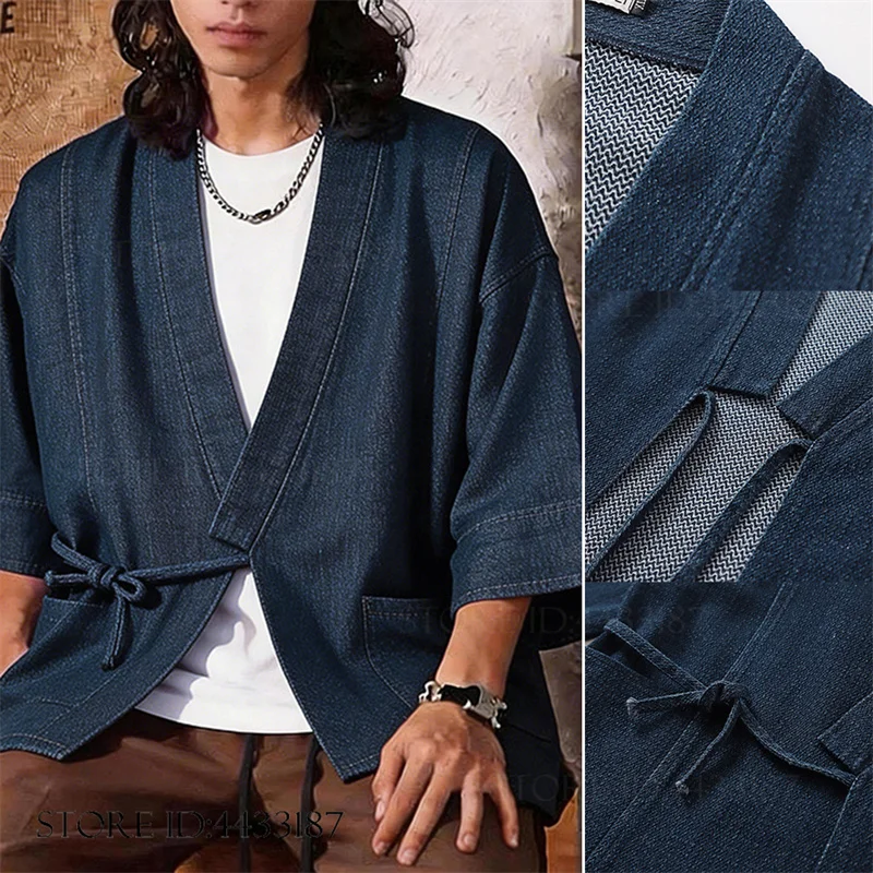 

Мужской японский кардиган-кимоно, юката, хаори больших размеров 3XL-9XL, в китайском стиле, из хлопкового денима, винтажная рубашка-куртка, уличная одежда