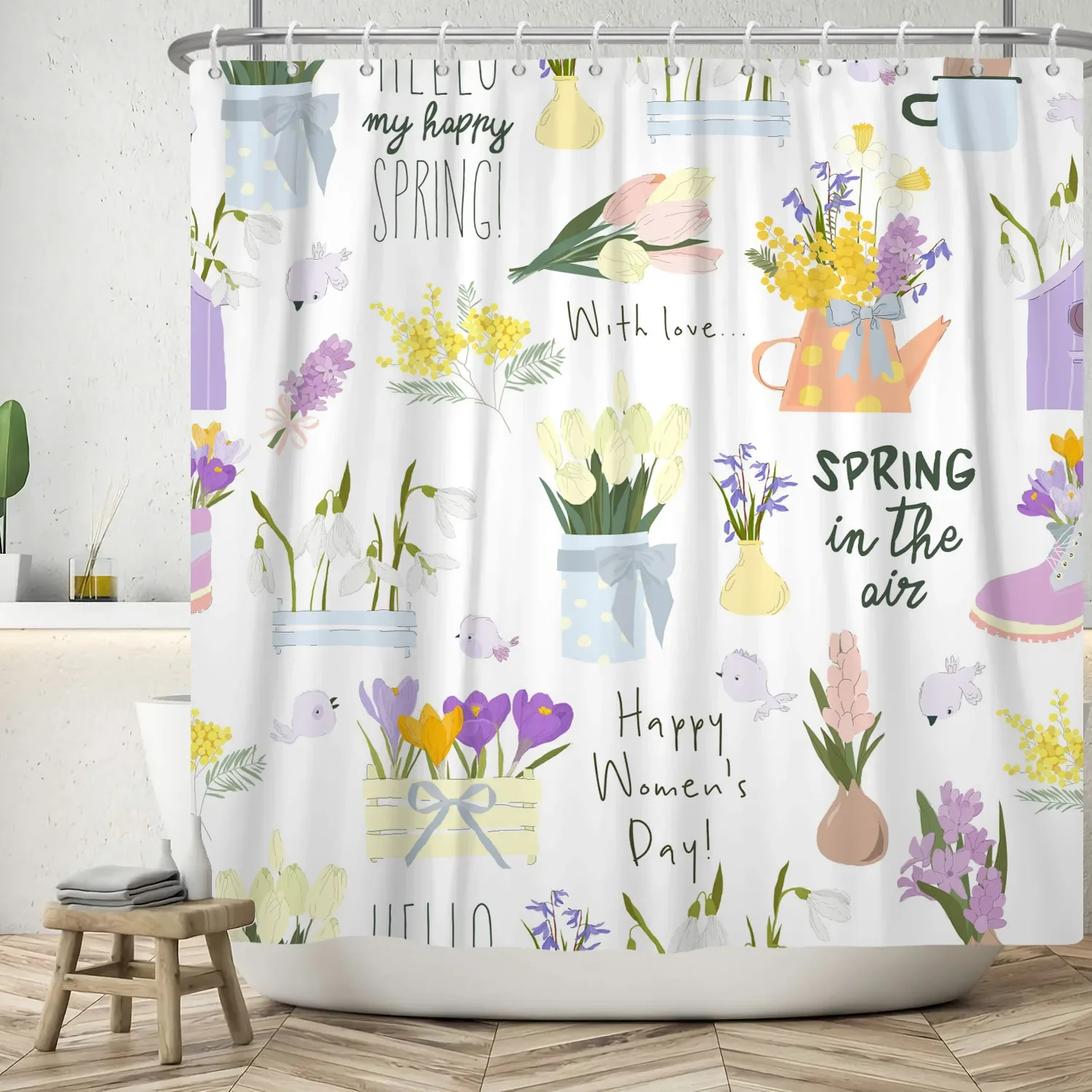 

Занавеска для душа с цветочным листом, акварельные растения и цветочные принты, украшение для ванной комнаты, художественная домашняя водонепроницаемая ткань с крючками