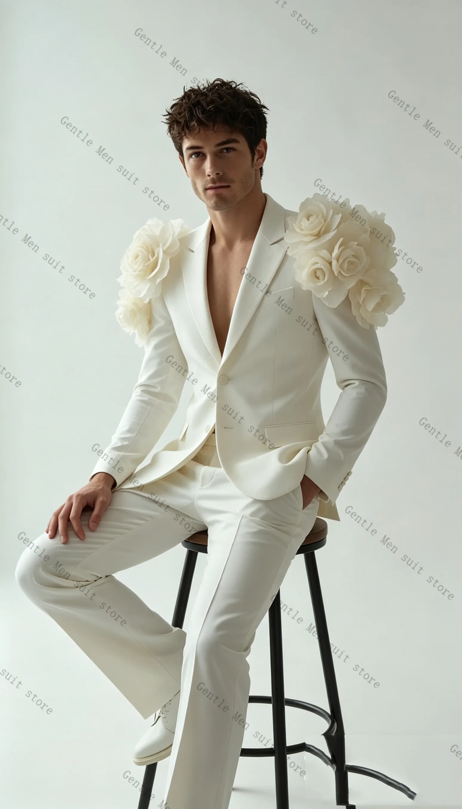 

White Men Suit Set 2 Pcs Blazer+Pants Trousers Cotton 3D Flower Wedding Tuxedos Formal Office Business Jacket Coat Customized