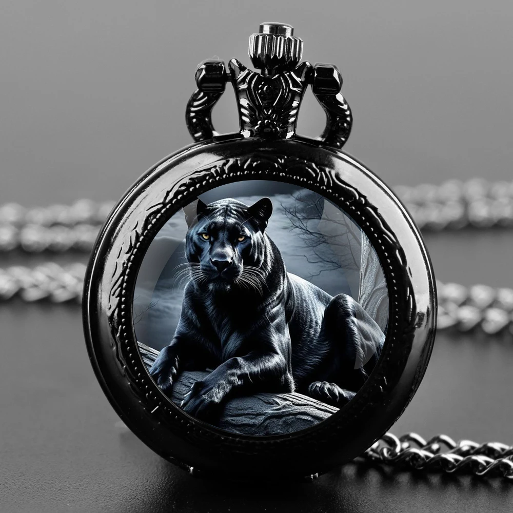 Panther Design Glass Dome Fashion Arabic Numerals Quartz Pocket Watch Necklace Pendant Chain Mens Women Gifts