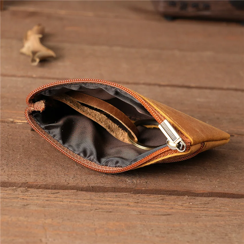 Boys and Girls Genuine Leather Coin Purse Cowhide Crazy Horse Brown Brown Color Zipper Coin Bag Vintage Fashion Wholesale