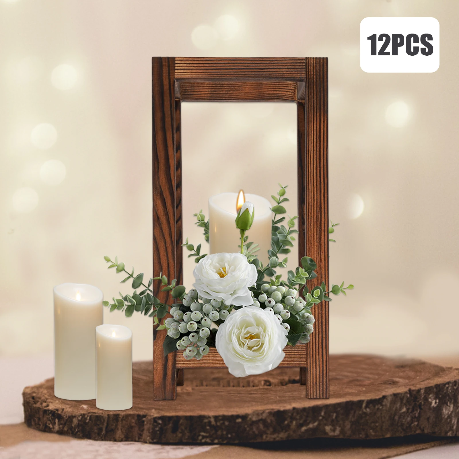 

12 PCS Wooden Lantern-shape Centerpiece, Rustic Flower & Candle Holder for Wedding Decor