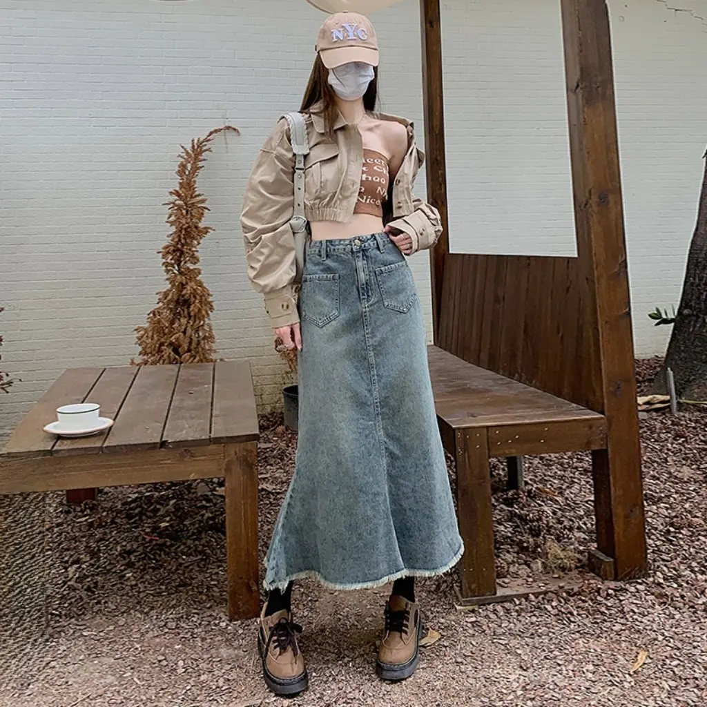 

Elegant Japanese Style Mid-Length Denim Skirt for Women Autumn Winter Natural Waist All-match Literary Trend Instagram Style
