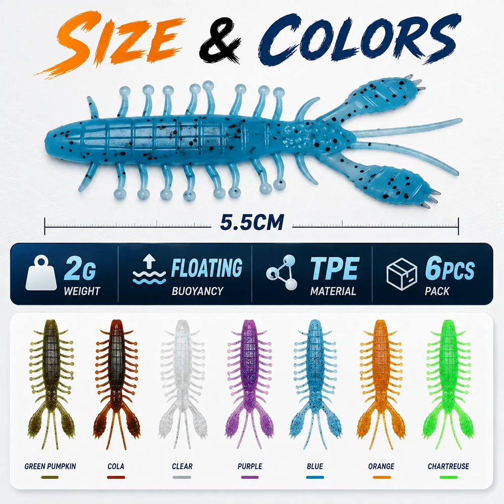 ZUKIBO 7PCS Reaction Shrimp Soft Lure Segmented Body Straight Tail with Paddle Legs Silicone for Bass Trout Freshwater Fishing