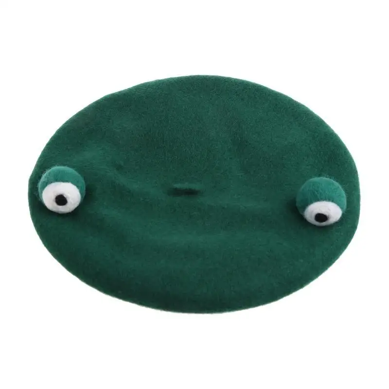 652F Wool French Artist Pumpkin Hat Simple Color Green for Frog Eyes Beanie Cap Fall Winter for Adults Women