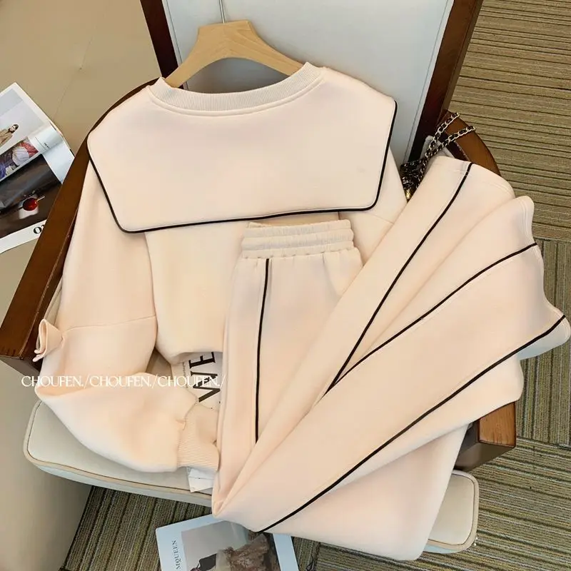 Fashion Tracksuit 2 Piece Sets Women Outfit Korean Loose Sailor Collar Crop Coat Casual Wide Leg Pants Female Sweatshirt Suit