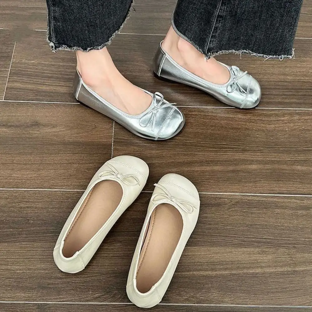 Comfortable Round Toe Bowknot Mary Shoes Soft Sole Non-Slip Flat Shoes Women Streetwear Sweet Ballet Flats Girl