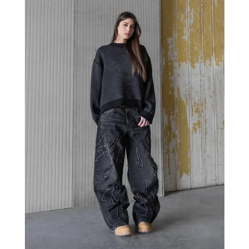 

2026 Y2k Streetwear Retro Raw Edge Embroidery Baggy Jeans Men Women Fashion Hip Hop Personality Patchwork High Waist Denim Pants