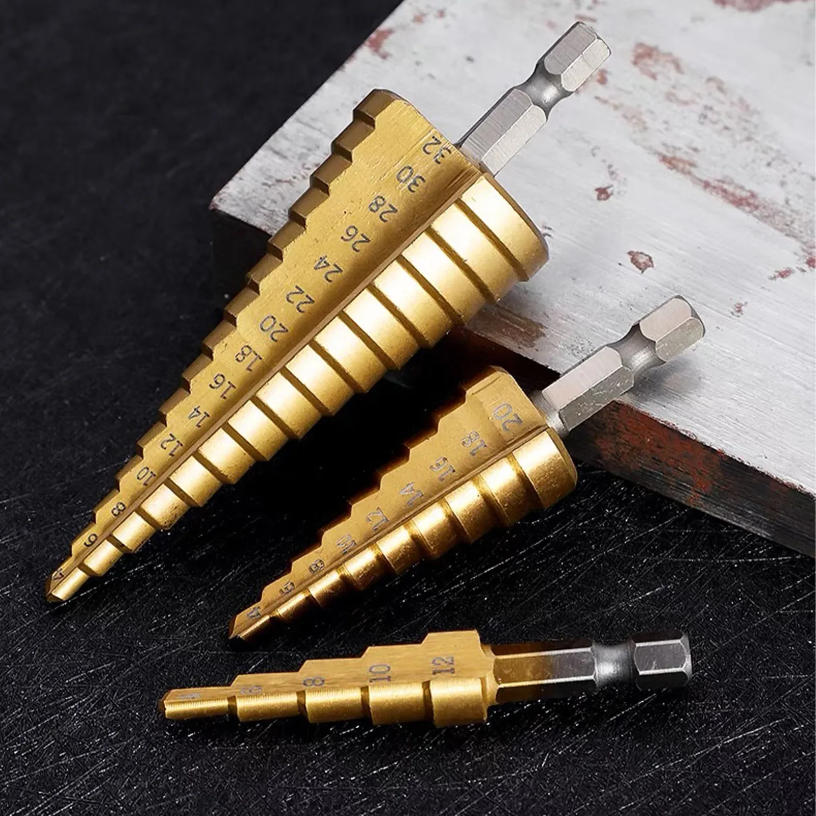 HSS 6542 4241 Step Cone Drill 4-12mm 4-20mm 4-32mm Titanium Coated Straight Flute Hex shank Hole Cutter Drilling Tool Wood Metal