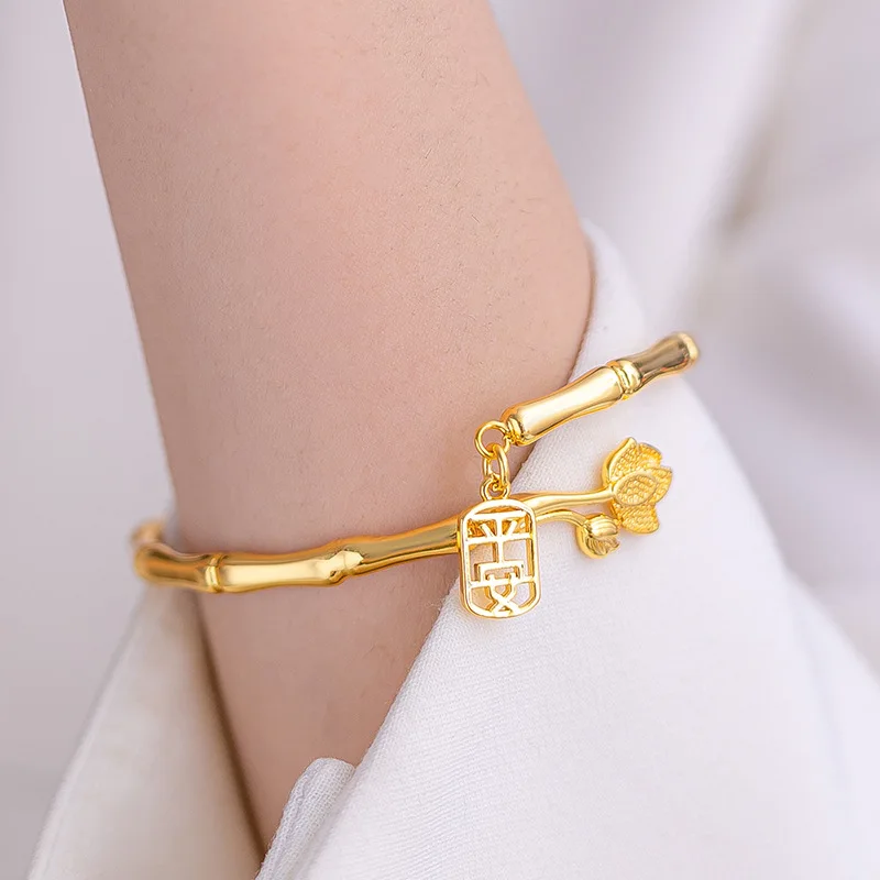 Female 9999 24K Real Gold Niche High-end Chinese Style Bamboo Knot Safety Bracelet Gold Lotus Bamboo Knot Plain Ring Bracelet