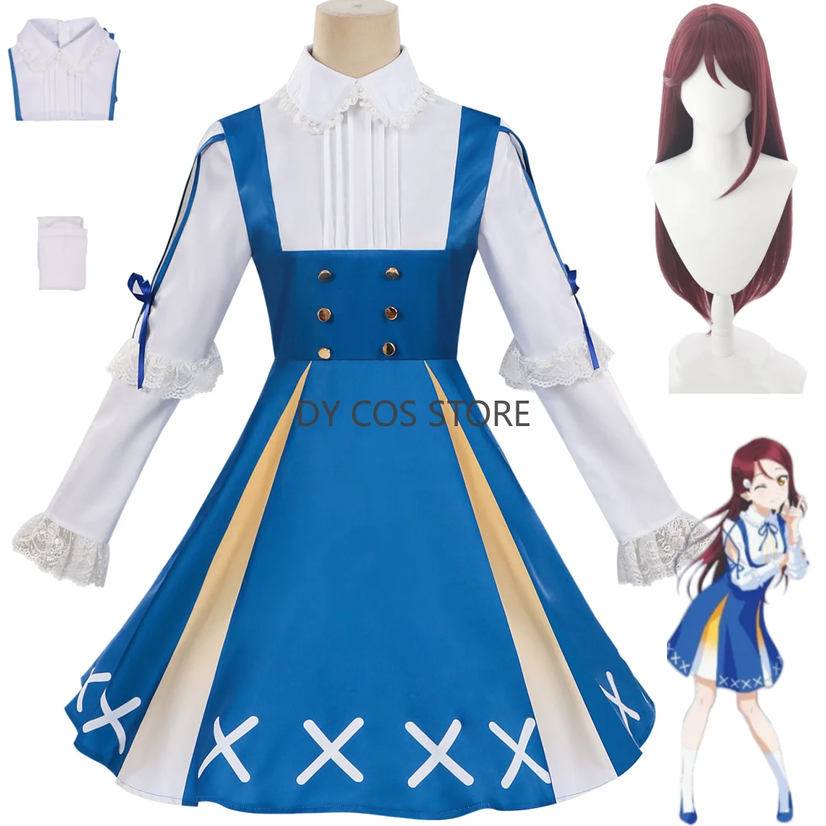 

Аниме Lovelive!Саншайн!! Kurosawa Dia Sakurauchi Riko Косплей Костюм Aqours Синее Платье Парик Женщина Kawaii Карнавальный Костюм