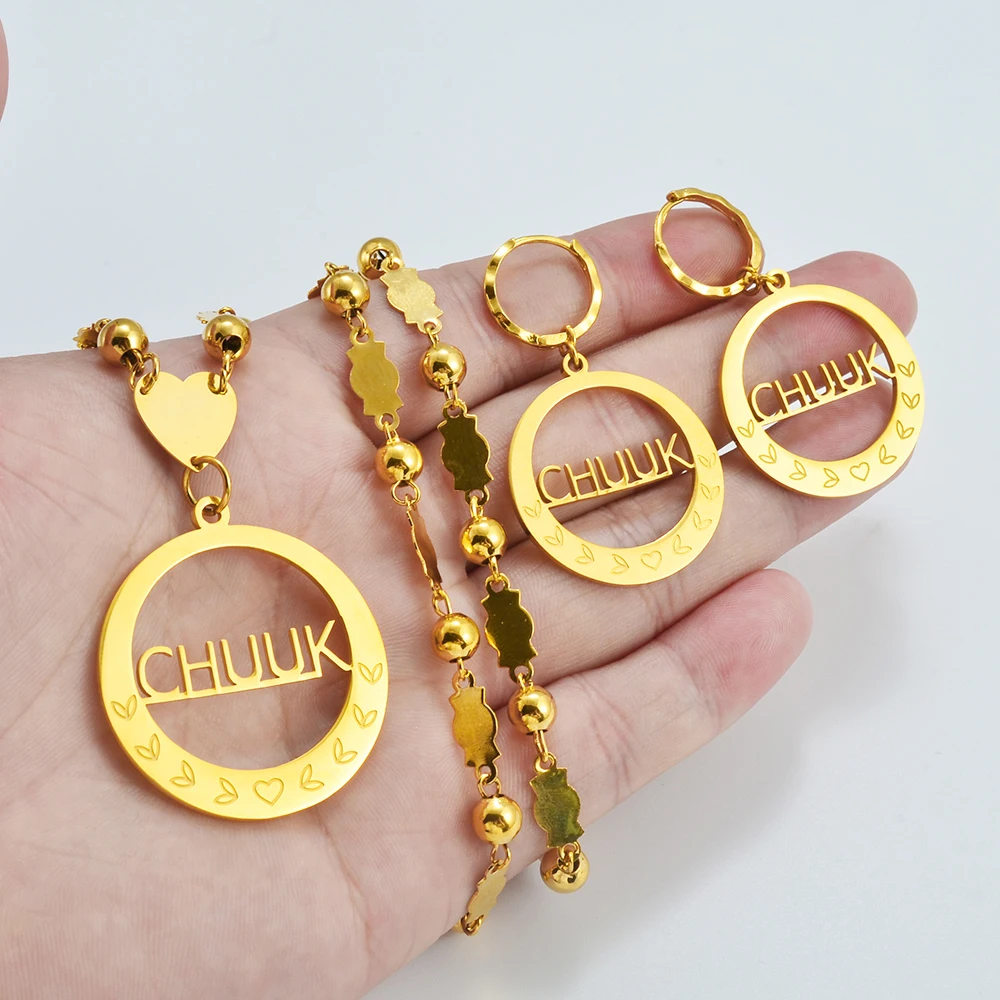 Anniyo Chuuk Big Pendant Beads Necklaces Earrings sets Round Ball Chains Ethnic Jewelry #048121