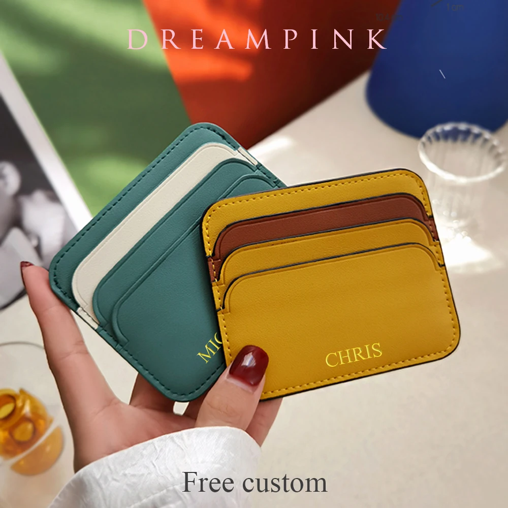 Fashion Luxury Cow Leather Credit Card Holder Colors Custom Letters Slim Men Cardholder Personalize Name Gift Mini Women Wallet