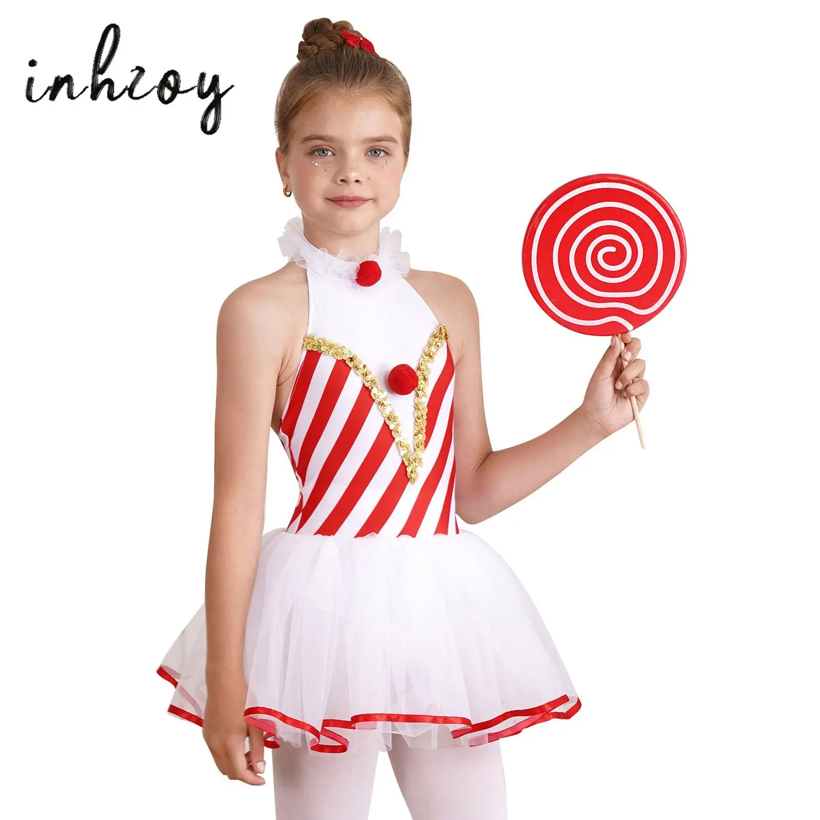 

Kids Girls Candy Cane Mrs Santa Claus Costume Shiny Sequins Mesh Tutu Ballet Leotard Dress Christmas Figure Skating Dancewear