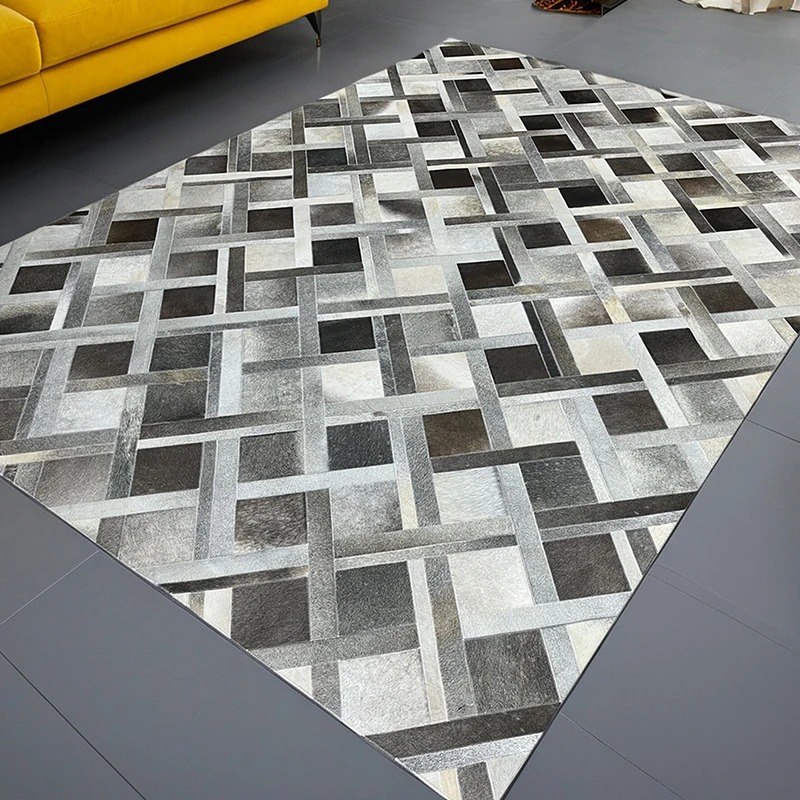 Grey Simple Geometry Living Room Carpet Real Cowhide Handmade Area Rug for Study Room Sofa Coffee Table Floor Mat