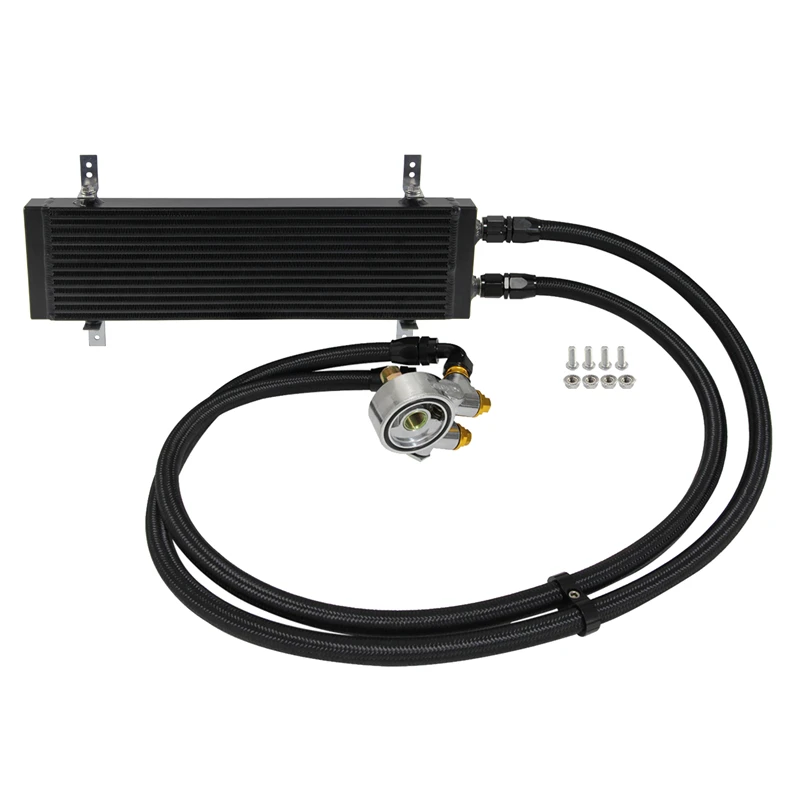 

AN10 7/8"-14 UNF CNC S/M/L Dual Pass Bar & Plate Engine Oil Cooler Mounting Bracket Thermostatic+Hose Kit Aluminum Black