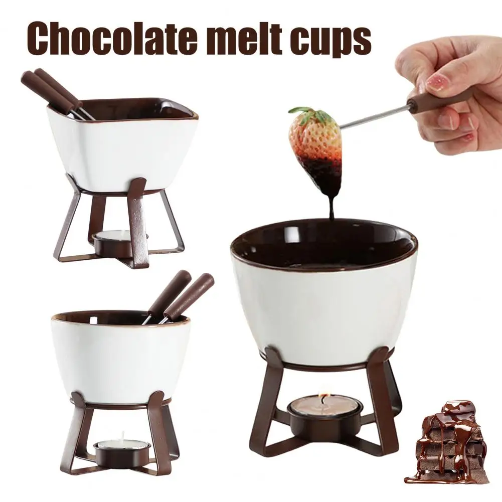 Chocolate Fondue Mugs Set With Forks 300ml Ceramic Melting Pot Set For Chocolate Cheese Butter Tealight Candle Fondue Pot