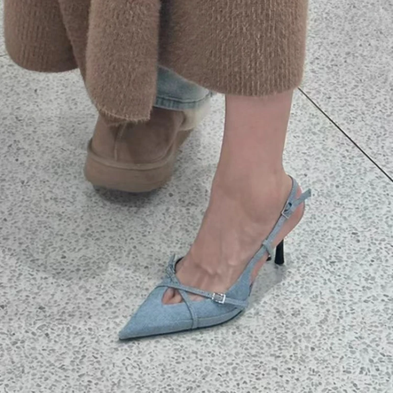 

2025 New Street Style Buckle Strap Women Pumps Pointed Toe Thin High Heels Banquet Slingback Party Shoes Zapatos De Mujer