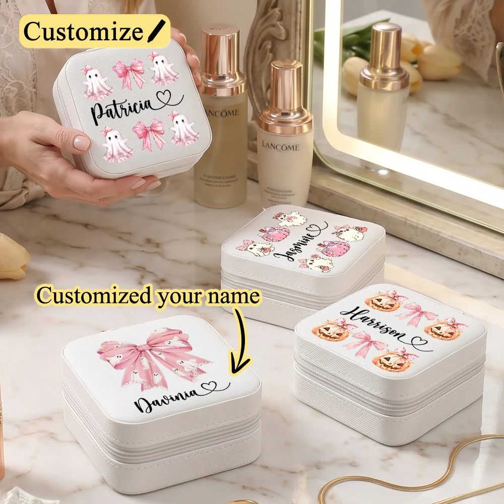 Custom Pumpkin Bow Name Jewelry Box for Rings,Necklace.Children's Gifts,PU Portable Travel Jewelry Case,Personalized Gifts Women