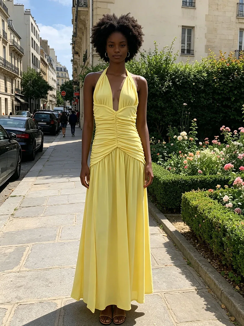 Chic Halter Tie Back Maxi Robe Femmes Profonde V Cou Froncé Taille Flux Jupe Slim Fit Vacances Mariage Invité Soirée Longues Robes
