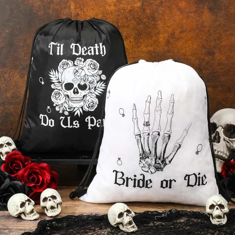 

‘Bride or Die’ Drawstring Bags Till Death Do Us Bachelorette Backpacks for Gothic Halloween Bridal Shower Party Supplies Gift