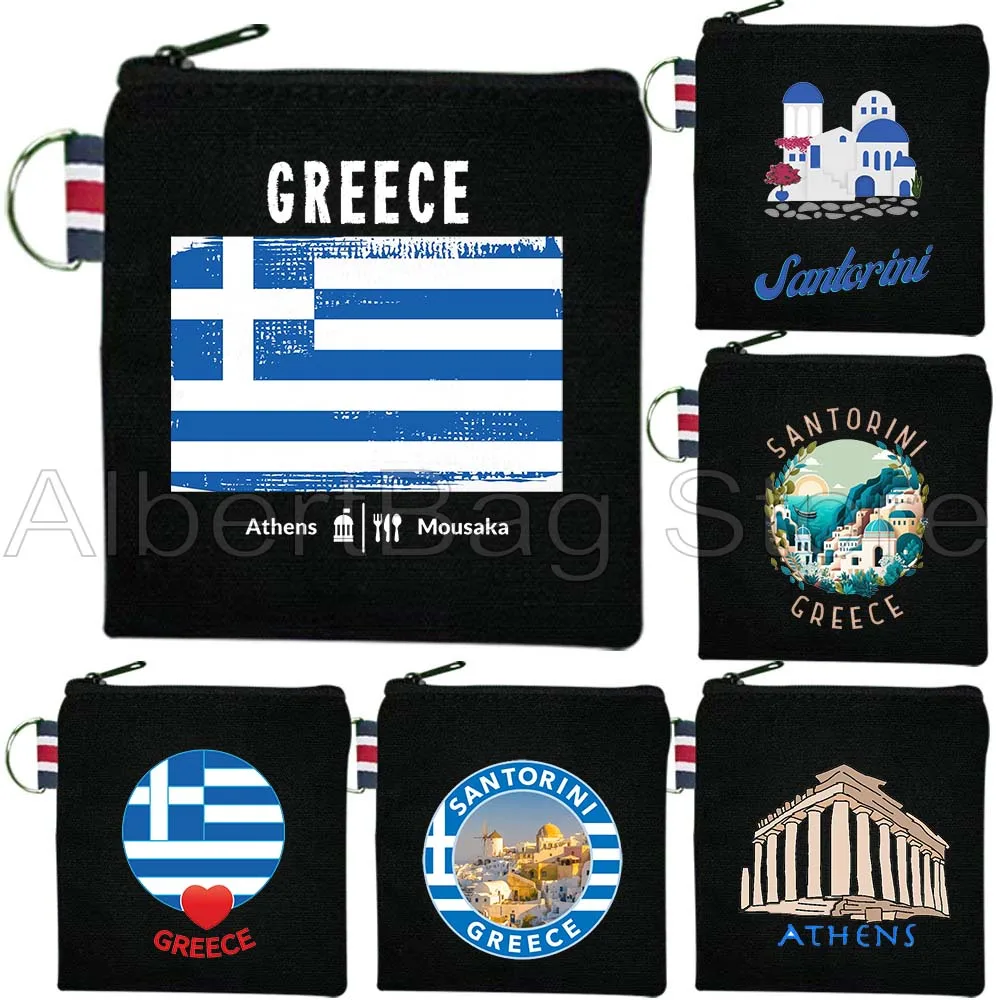 

Santorini Greece Greek Blue Evil Eye Greece Flag Cute Gifts Canvas Coin Purse Bag Small Square Key Storage Card Bag Wallet Pouch