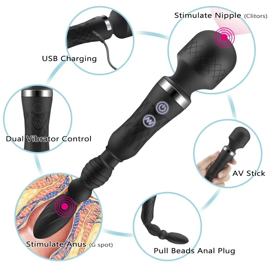 AV Magic Wand Anal Plug Double-ended Vibrators Women G-spot Clit Stimulator Men Butt Plug Masturbator Sex Toys for Couples