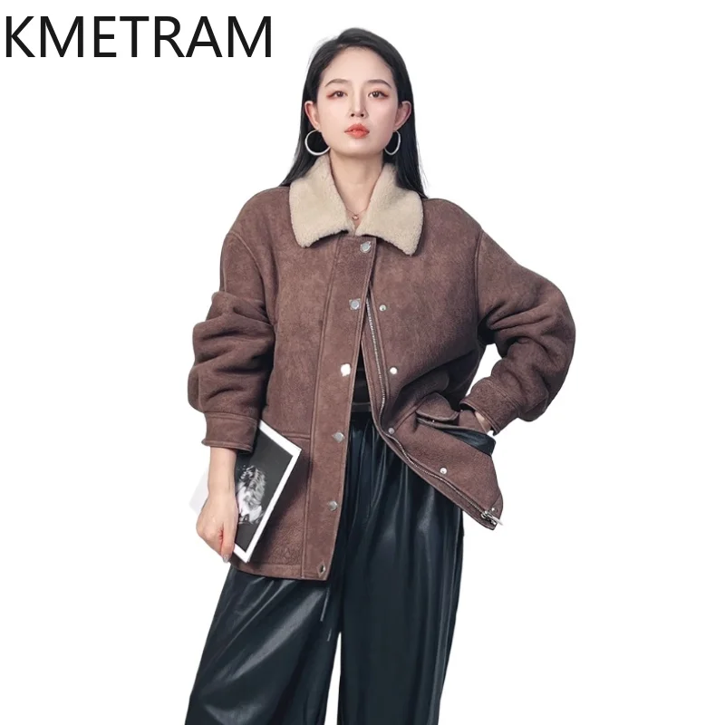 سترة من صوف الغنم الطبيعي مزدوجة الوجه من الفرو للنساء فاخرة بني داكن معطف فرو حقيقي ملابس نسائية شتوية 2025 schuba vrouwska