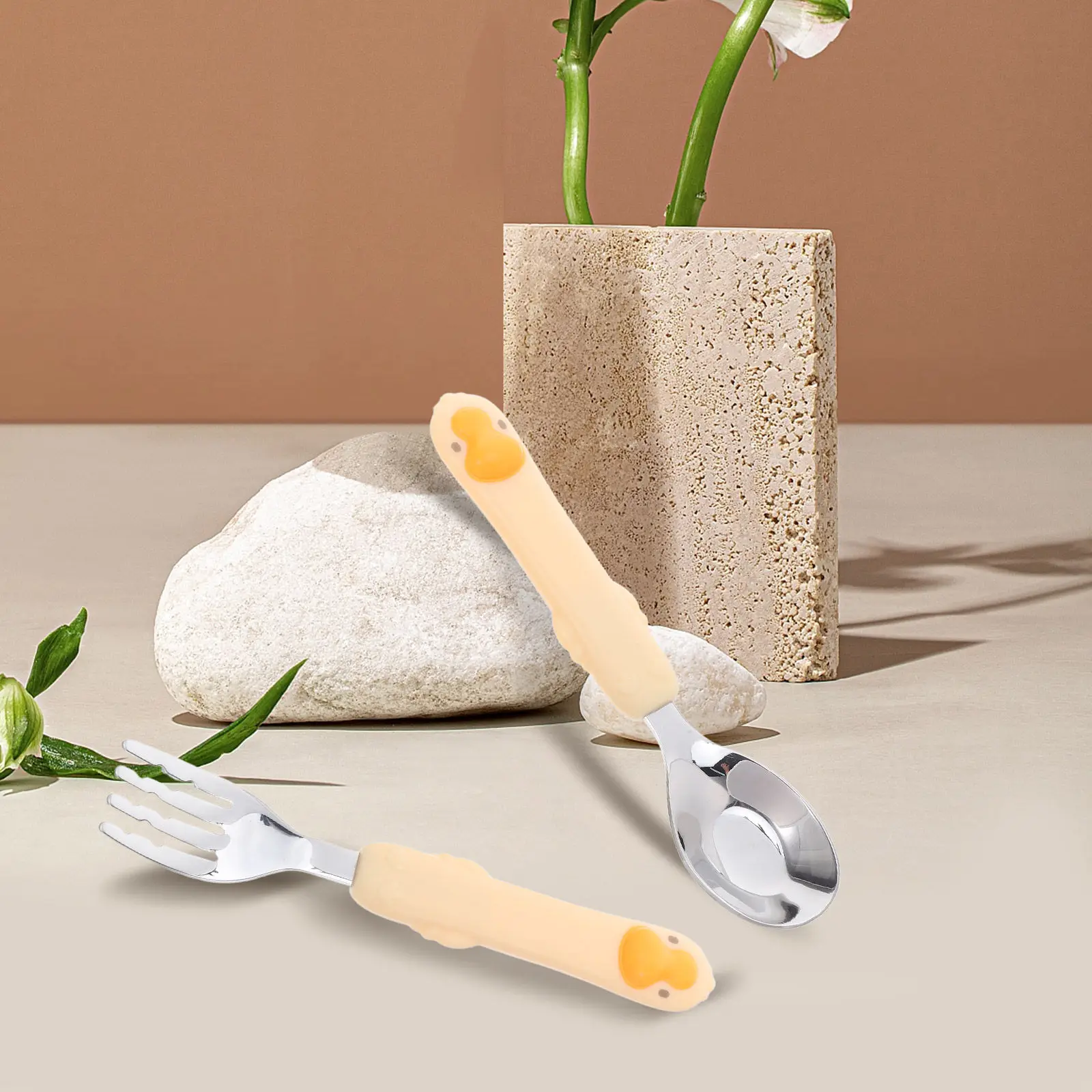 

Набор детских ложек и вилок для кормления из нержавеющей стали, с короткой ручкой, для обучения самостоятельному приему пищи, для ежедневного использования, желтый