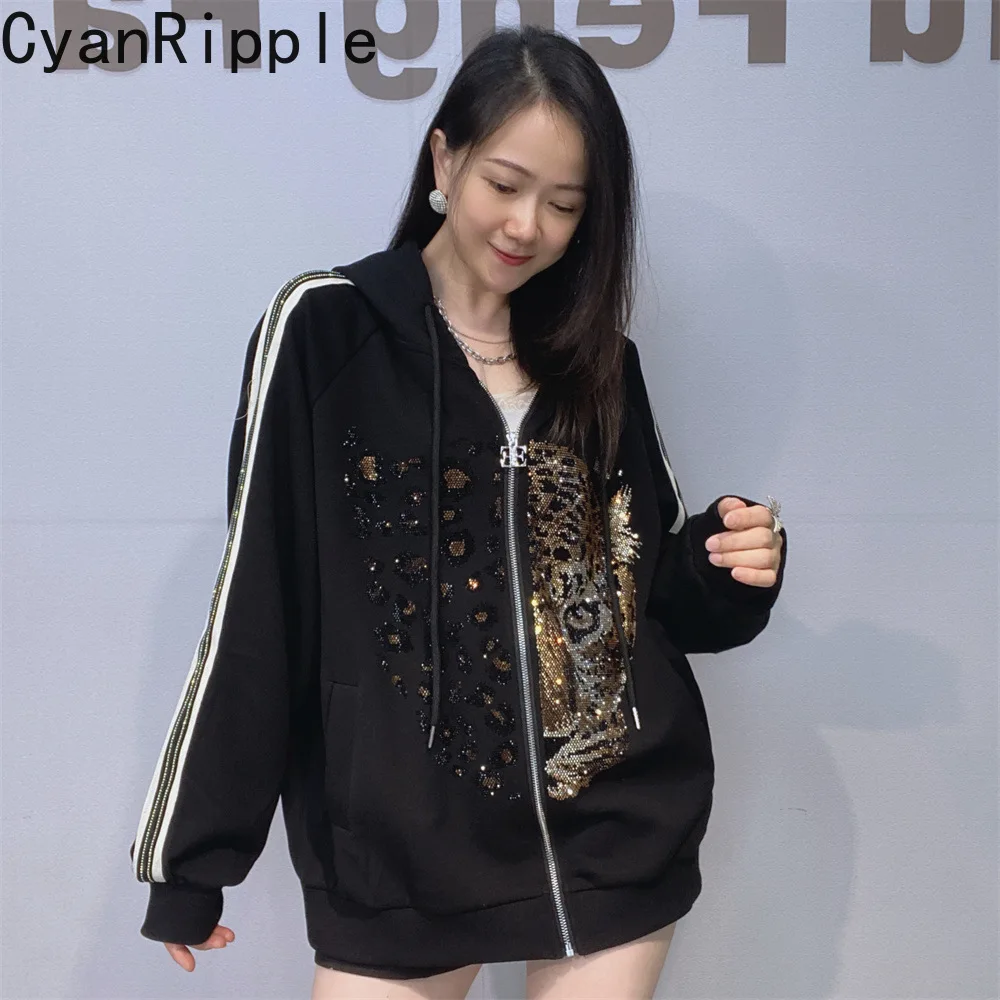 Fashion Autumn Winter Hooded Zip Cardigans Coat Hot Diamonds Long Sleeve Hoodie Top All-match Mid-long Loose Women Sweatshirt