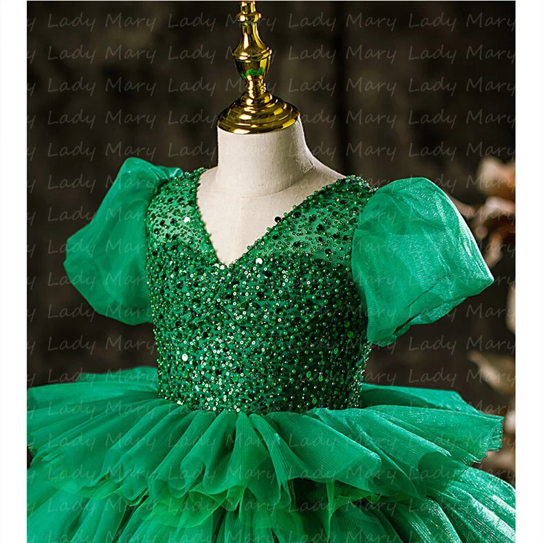 Customized Green Girls Birthday Party Gowns Layers Tulle Skirt Short Sleeves Princess Wedding Flower Gowns Photo Shoot Pageant