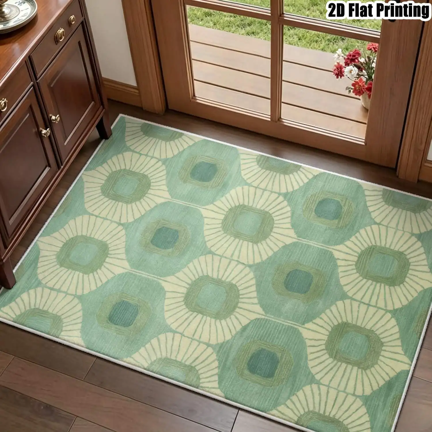 1Pc 2D Printed Velvet Carpet, Blue-Green Geometric Nordic Modern Minimalist Design, Machine Washable, Multi-Size, for Entrance, Dining, Bedroom, Living Room Decor, Instagram Style Floor Mat