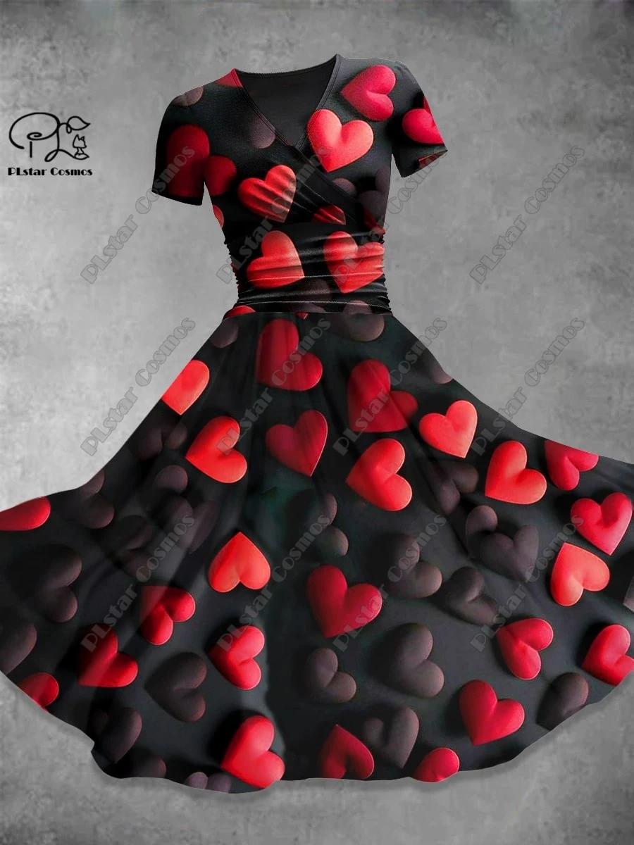 3D printed new Valentine's Day love series full body printed V-neck short-sleeved dress A-line long skirt casual fashion X-1