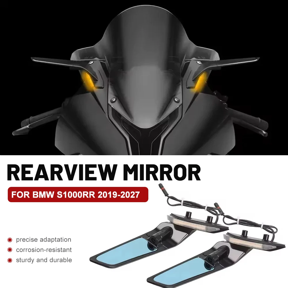 For BMW S1000RR 2019-2027 Motorcycle Rearview Mirror With LED Turn Signal Light Wide Angle Reflector Mirror