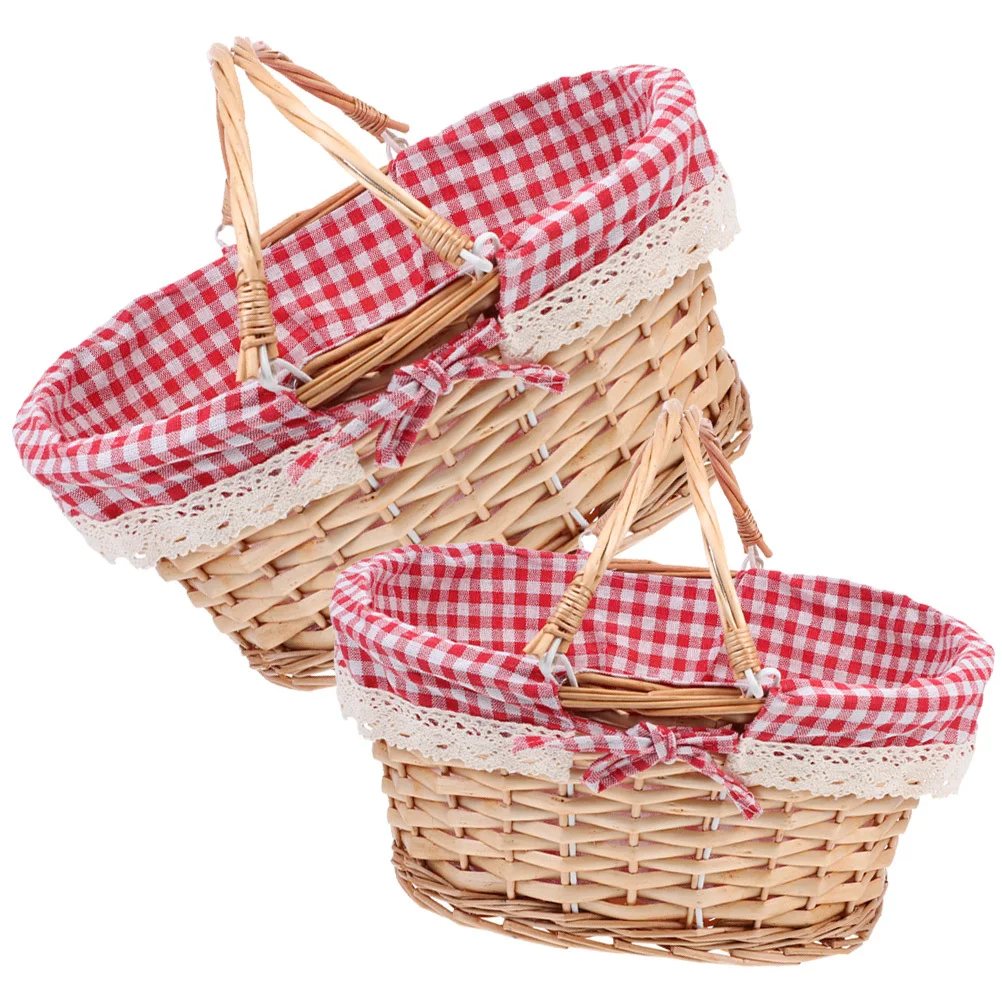 2 قطعة سلال نزهة منسوجة منظم تخزين من الخيزران المتين ديكور منزلي محمول حاوية خضروات فواكه لوازم يومية