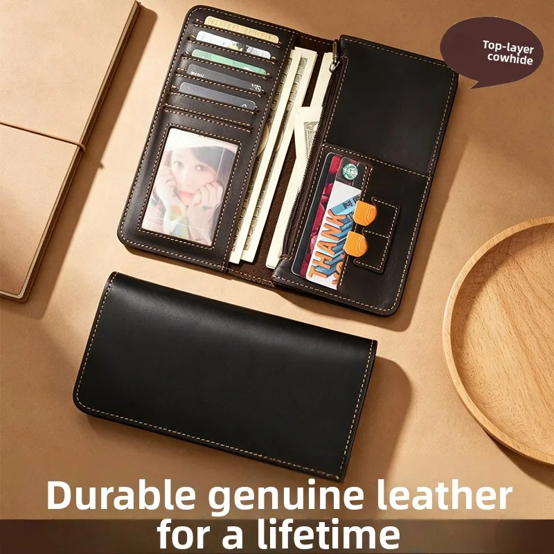 retro-crazy-leather-men's-wallet-top-layer-cowhide-large-capacity-handbag-genuine-leather-long-zipper-money-clip