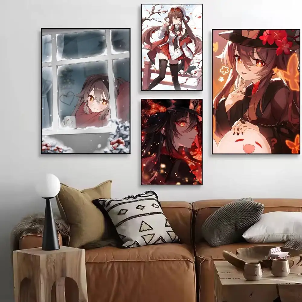 Anime Game Genshin Impact Hu Tao Posters High Quality Self-adhesive Wall Art Decorations Color Prints Sticky