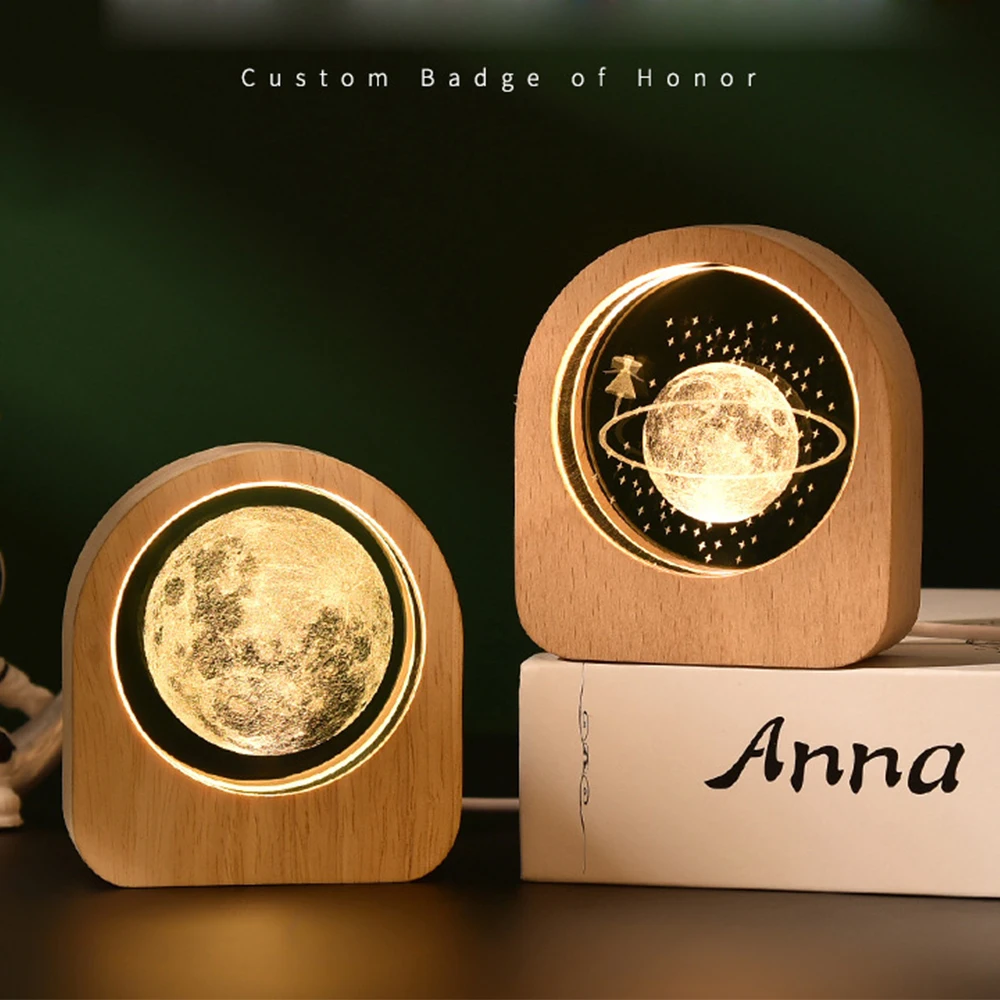 Custom Photo Crystal Ornament & Wooden Base Personalized Photo Engraving Miniature Figurine Home Office Decor Anniversary Gift