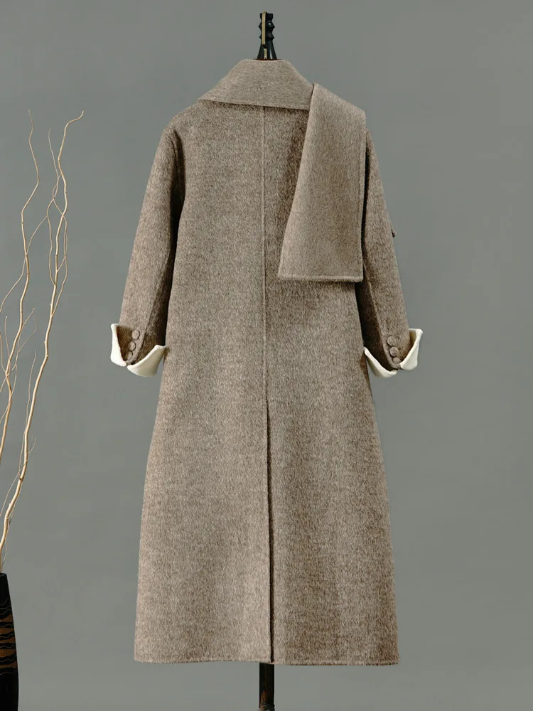 ZMEENNA Women's Elegant Two Tone Wool Blend Long Winter Coat With Detachable Scarf Contrast Cuffs Double Breasted ZM3347