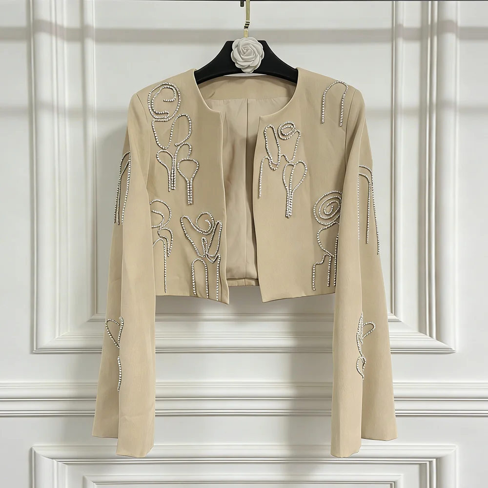 TWOTWINSTYLE Khaki Spliced Beading Two Piece Set Female O Neck Long Sleeve Jacket Light Luxury Women's Trousers Set Autumn New