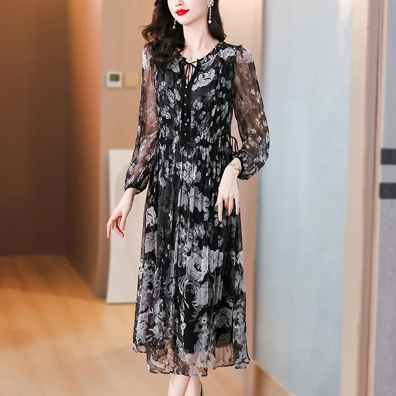 ฤดูร้อนหรูหราผ้าไหม Casual Midi ชุดสตรี Vintage Floral Elegant ชุดราตรีชุดราตรีฤดูใบไม้ผลิ Holiday Boho Hepburn Vestidos